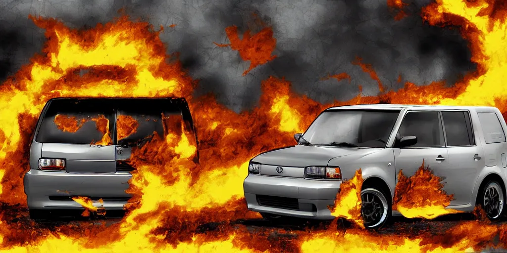 Prompt: first generation scion xb, on fire, digital art