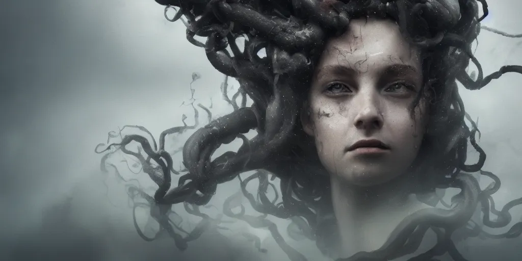 Image similar to portrait painting of Medusa, wind kissed ashes, lament, Medusa , thunderstorm, photorealism, concept art, cinematic atmosphere, volumetric lighting, octane render, 4k, digital painting,-H 1024