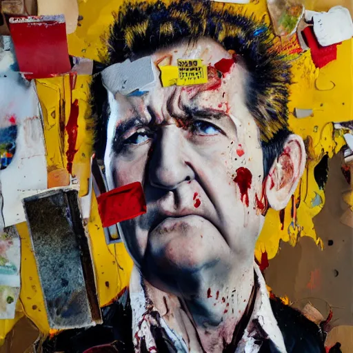 Image similar to hyperrealistic, photorealistic, mixed media oil painting of roy orbison, magazine scraps, plaster, blood, oil, mustard, cigarettes, splatter, trending on artstation, award - winning painting, greg rutkowski, basquiat, ralph steadman, terry gilliam