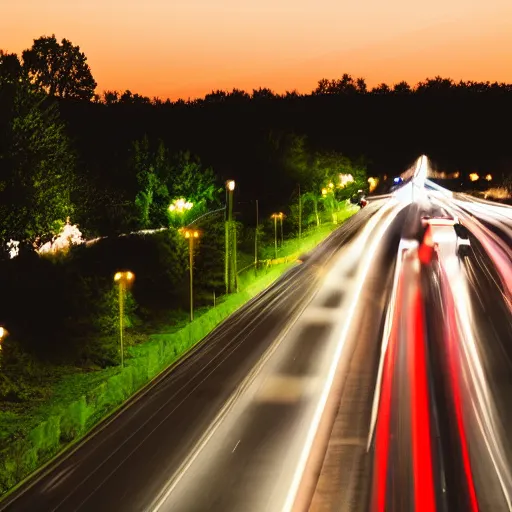 Image similar to dslr photo freeway photo at night, dragonflies replace the cars, very high quality lights, intricate details, extremely high quality, moody lighting, real camera, real photo, slow - shutter, 8 k, full subject in shot