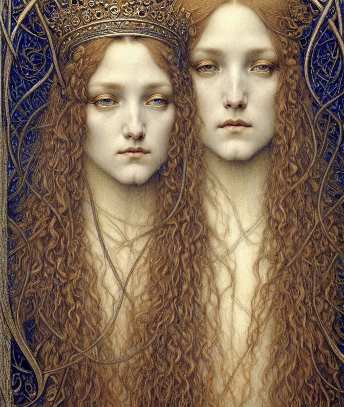 Image similar to detailed realistic beautiful young medieval queen face portrait by jean delville, gustave dore and marco mazzoni, art nouveau, symbolist, visionary, gothic, pre - raphaelite. horizontal symmetry