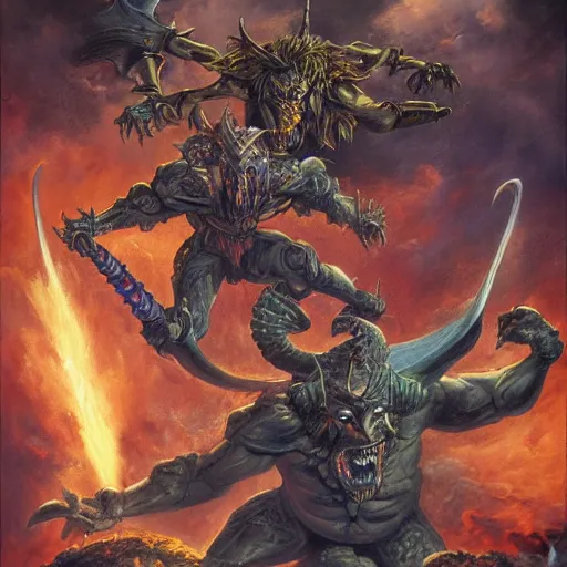 Prompt: demons warriors by boris vallejo and guillermo del toro, highly detailed, sharp, 8 k, deep colors, oil painting, sharp focus, warrior armor and weapons, pixel artwork