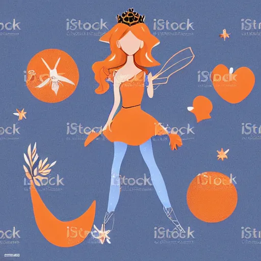 Image similar to modern vector art illustration of a fairy tale princess in navy and burnt orange hues