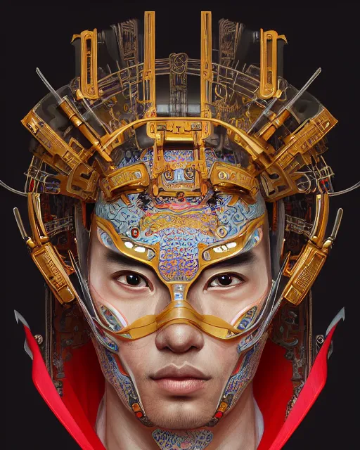 Image similar to portrait of a male cyberpunk machine, machine face, upper half portrait, decorated with chinese opera motifs, asian, fine china, wuxia, traditional chinese art, intricate, elegant, highly detailed, symmetry, headpiece, digital painting, artstation concept art smooth sharp focus, illustration, art by artgerm and greg rutkowski alphonse mucha 8 k