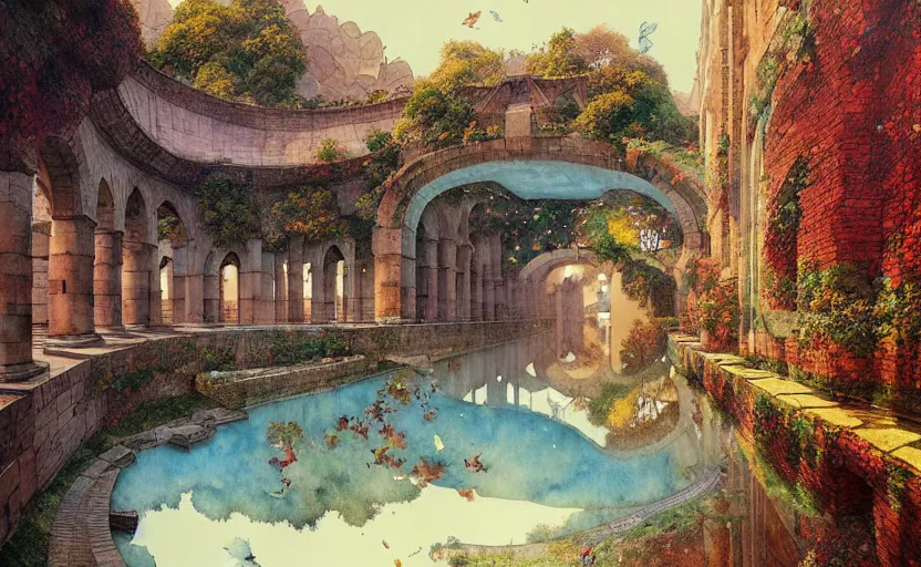 Image similar to tiled room squared waterway, aqueducts, fantasy. intricate, amazing composition, colorful watercolor, by ruan jia, by maxfield parrish, by marc simonetti, by hikari shimoda, by robert hubert, by zhang kechun, illustration, gloomy