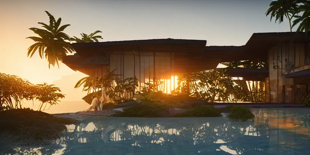 Image similar to a modern bamboo house, tropical modernism, a view of the beach, sunset, photorealism, beautiful, cinematic dramatic atmosphere, volumetric cinematic perfect light, detailed octane render trending on artstation, 8 k, by chris hytha and jag studio