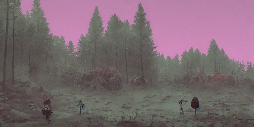 Image similar to scandianvian landscape with a giant skull and children walking away. by Simon Stålenhag !