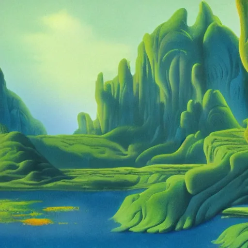 Prompt: verdant wonderland, matte painting from Fantasia (1940)