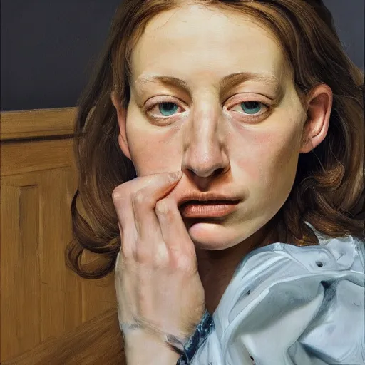 Prompt: high quality high detail painting by lucian freud, hd, 2 5 year old girl portrait, photorealistic lighting