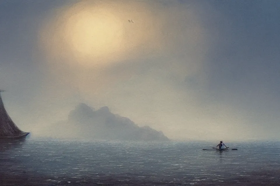 Image similar to lone fisherman rowing towards his giant seashell shaped fortress, in the style of john harris and moebius