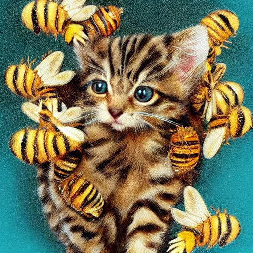 Prompt: photorealistic kitten fighting a swarm of bees. bee hive hyperdetailed photorealism