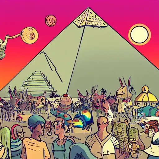 Prompt: a multitude of humans beings and anthropomorphic animals staring around a giant alien ship, pyramids in the background. beautiful energetic cartoon