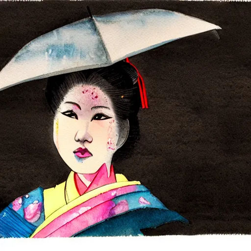 Prompt: dramatic closeup portrait of a geisha holding and umbrella in a rainstorm at dusk : dynamic lighting watercolor