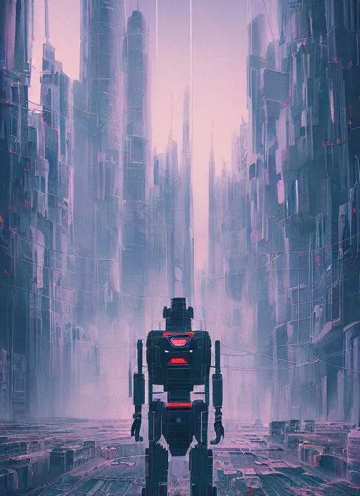 Prompt: a painting of a giant robot standing in front of a city, cyberpunk art by mike winkelmann, behance contest winner, nuclear art, dystopian art, apocalypse art, sci - fi