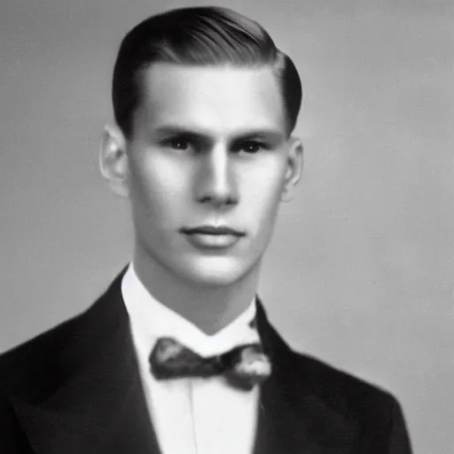 Image similar to A photograph portrait of Jerma985 wearing a suit with short slicked hair in the early 1930s, taken in the early 1930s, grainy, taken on a early 1930s Kodak Camera, realistic, hyperrealistic, very realistic, highly detailed, very detailed, extremely detailed, detailed, digital art, trending on artstation