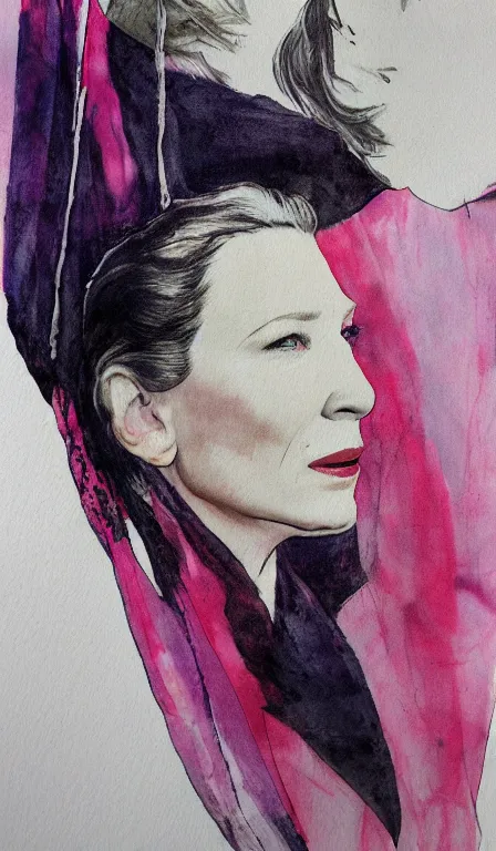 Prompt: cate blanchett , hanging scroll, ink and colours on silk,