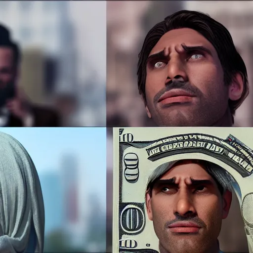 Image similar to rich person flexing their cash to poor people, poor people with no money, person raising money up in front of people, photorealistic + rendered in vrat + hd + trending on artstation + DOF + Reality