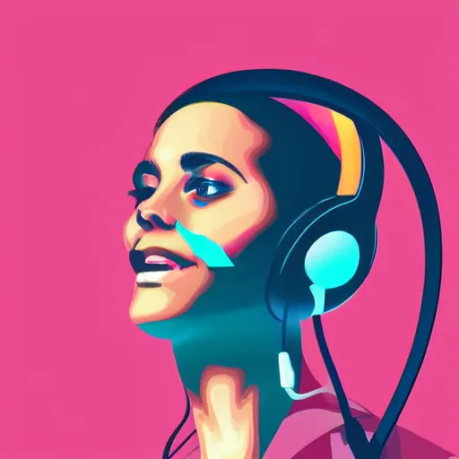 Prompt: a close up of a female face with headphones and retro colours, synthwave style, 2d digital vector art