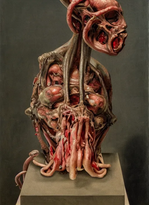 Image similar to an ugly teratoma on a plinth in the middle of a museum room full of people painted by hopper and giger