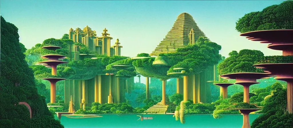 Image similar to huge gargantuan angular dimension of pagoda liminal spaces, temples by escher and ricardo bofill. utopian singaporean landscape by roger dean. magical realism, surrealism, lush sakura trees, waterfalls, thunder, lightning, vaporwave, trending on artstation, shot from below, epic scale