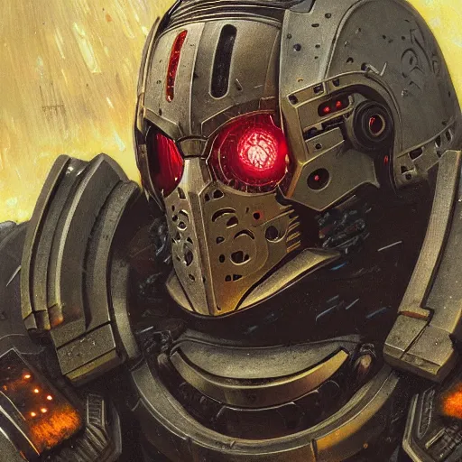 Image similar to the doomslayer as a cyberpunk knight, closeup portrait art by norman rockwell and donato giancola and greg rutkowski