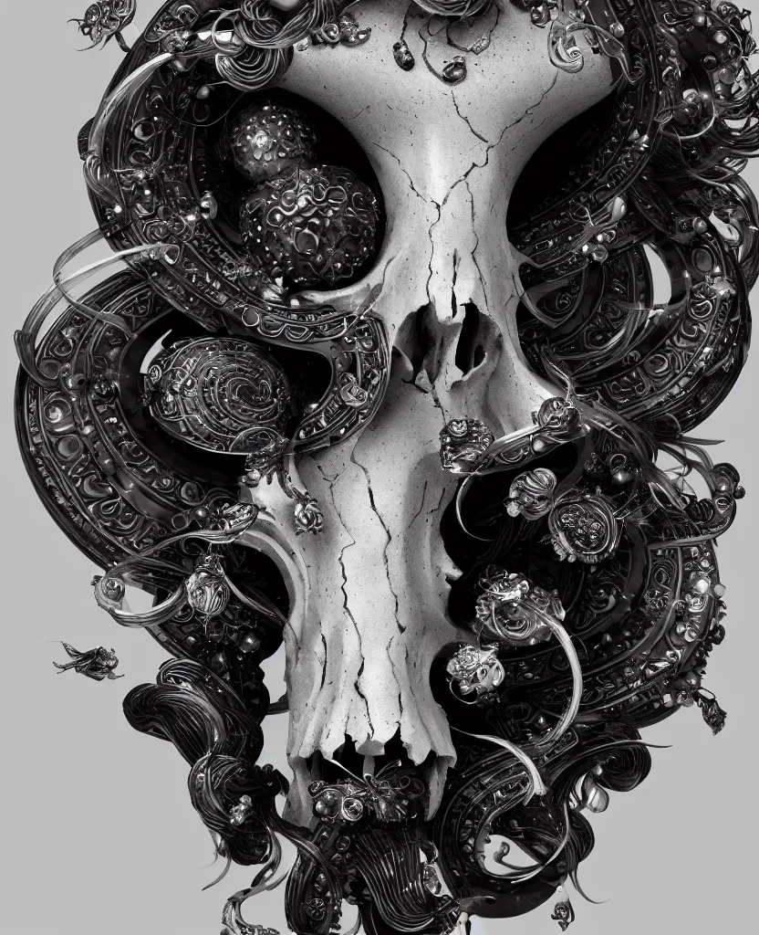 Image similar to goddess princess face close-up portrait ram skull. sculpture made of black stone with elements made of polished gold. jellyfish phoenix head, nautilus, orchid, skull, betta fish, bioluminiscent creatures, intricate artwork by Tooth Wu and wlop and beeple. octane render, trending on artstation, greg rutkowski very coherent symmetrical artwork. cinematic, hyper realism, high detail, octane render, 8k