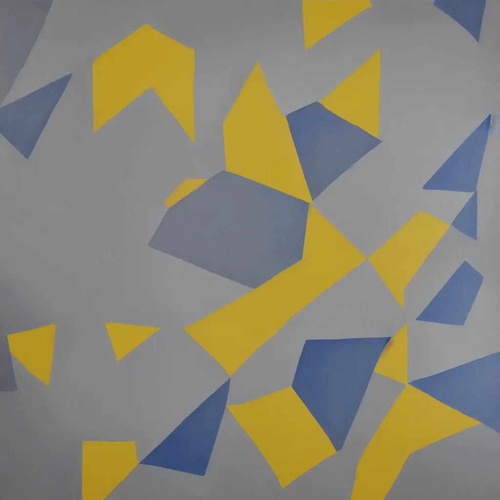 Image similar to 3 dimensional solid large geometric of solid oil paint, with strong top right lighting creating shadows, colours cream naples yellow and blue - grey