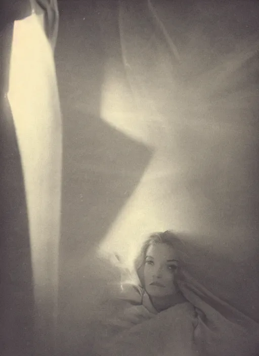 Image similar to a woman peeking out from under a blanket fort in the afternoon, flash polaroid photo by george hurrell, hazy light rays, golden hour