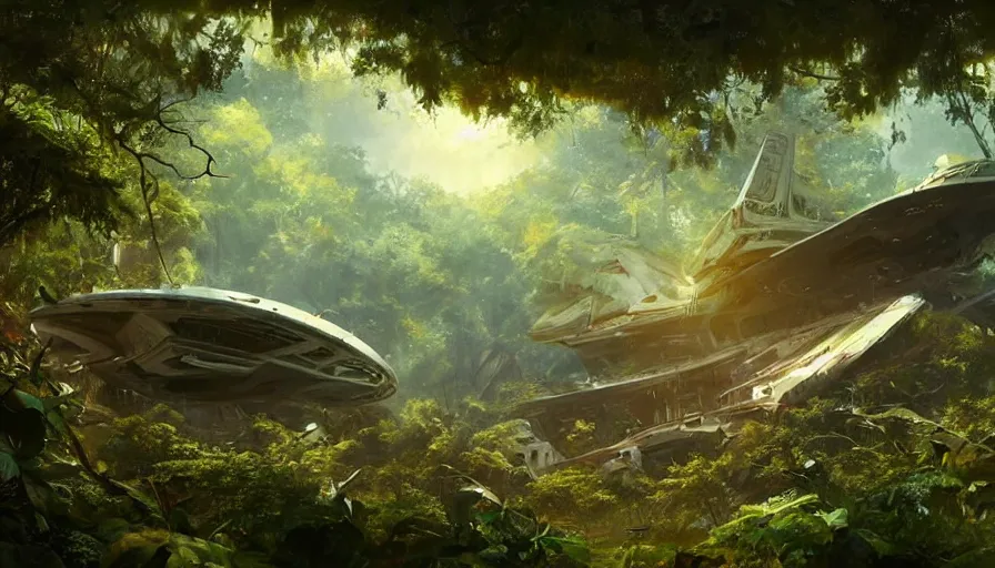 Image similar to a beautiful painting of a crashed starship enterprise in a lush jungle, ray traced lighting by kalin popov and greg rutkowski
