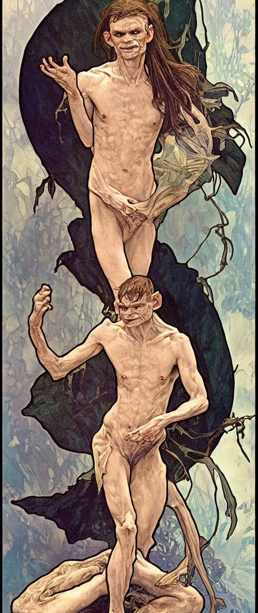 Image similar to vitalik buterin as gollum, art by artgerm and greg rutkowski and alphonse mucha