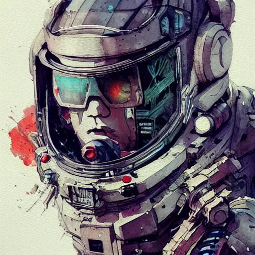 Image similar to astronaut, cyberpunk, realistic, detailed, Industrial Scifi, paint, watercolor, in the style of Ashley Wood and Wadim Kashin