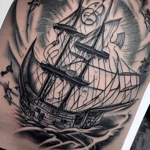 Prompt: A magical pirate ship, tattoo design on paper, hyper realistic shaded tattoo, award winning tattoo