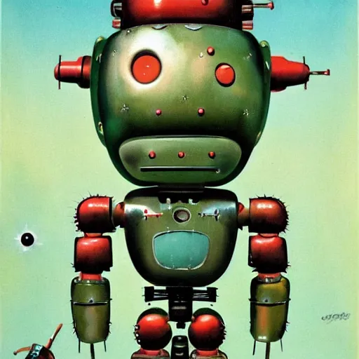 Image similar to full body shot shot of a 1950s retro Cactus robot, with space above the head. full body. Bionic cacti Arms and eyes. pop surrealism, poster art, muted colours. by Jean-Baptiste Monge, wide shot