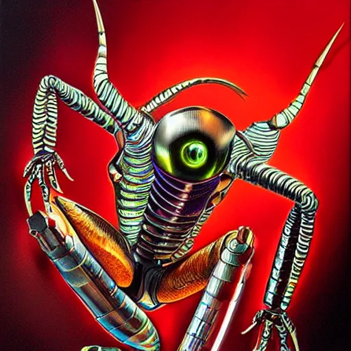 Prompt: bionic scorpion, art by peter lloyd, 1 9 8 0's art, retro art, airbrush style, art by hajime sorayama, intricate, elegant, sharp focus, illustration, highly detailed, concept art, matte, sharp focus, illustration, highly detailed, h 8 0 0