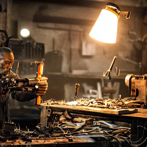 Image similar to gun made from old egg beater, balding older cyborg repairing, red hot soldering iron, dark messy smoke - filled cluttered workshop, dark, dramatic lighting, orange tint, cinematic, highly detailed, sci - fi, futuristic, movie still from blade runner