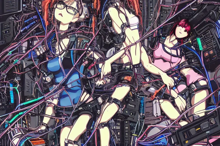 Image similar to cyberpunk anime illustration of a group of female androids lying on an empty white floor in various poses with their bodies open showing a tangled mess of wires and cables coming out, by katsuhiro otomo and masamune shirow, hyper-detailed, colorful, beautiful, bird view