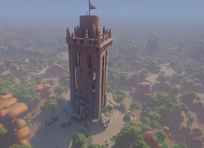 Prompt: overhead view of the great tower of the south in the desert of duhnes medium shot, studio ghibli, pixar and disney animation, sharp, rendered in unreal engine 5, anime key art by greg rutkowski, bloom, dramatic lighting