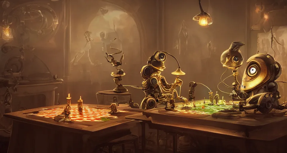 Image similar to a beautiful tapestry, a small robot playing a futuristic holographic chessgame, ultra detailed, atmospheric lighting, steampunk, moody, candles, characters from machinarium, by don bluth, trending on artstation, octane render, 8 k, ultra realistic