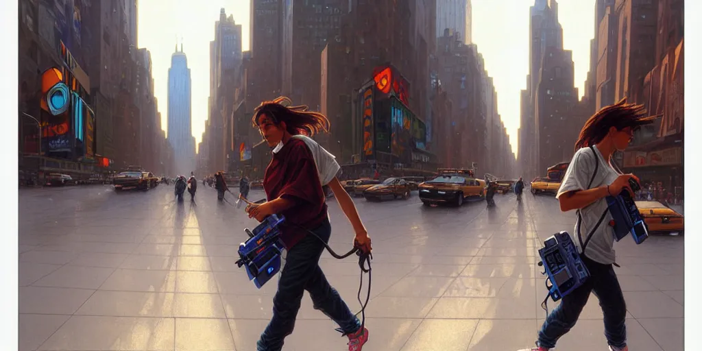 Prompt: a 1 9 9 0 s teenager with a boom box, walking down new york street, highly detailed, digital painting, artstation, concept art, matte, sharp focus, illustration, art by artgerm and greg rutkowski and alphonse mucha