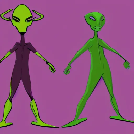 Prompt: character design, genderless alien, purple and green