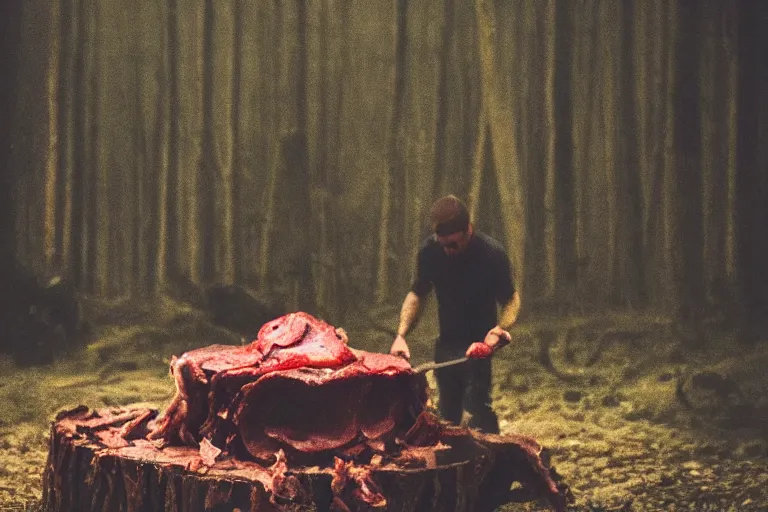 Image similar to terrible dark forest in the depths of which there is a large butcher chopping meat on a wooden stump from Dota 2 filmed hidden on a phone camera, Cinematic, wildlife photography, 35mm, photo on iphone