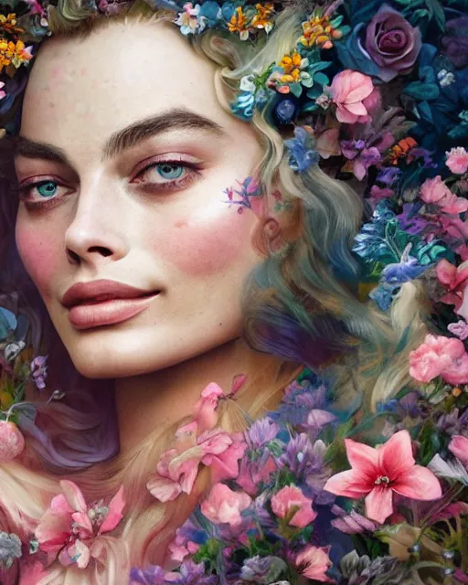 Prompt: portrait of margot robbie, surrounded by flowers by karol bak, james jean, tom bagshaw, rococo, sharp focus, trending on artstation, cinematic lighting, hyper realism, octane render, 8 k, hyper detailed.