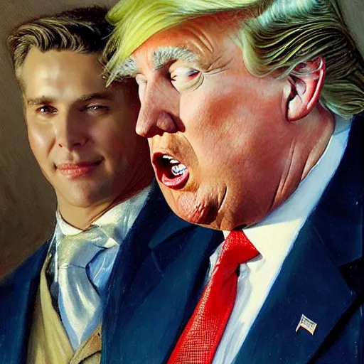 Image similar to attractive fully clothed donald trump confesses his love for his attractive roger stone. highly detailed painting by gaston bussiere and j. c. leyendecker 8 k
