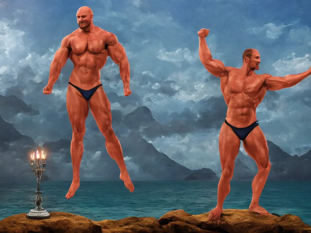 Prompt: mountain with strong arms standing on muscly legs in speedos in the middle of the ocean, religious portrait lighting, oil painting 3d rendering