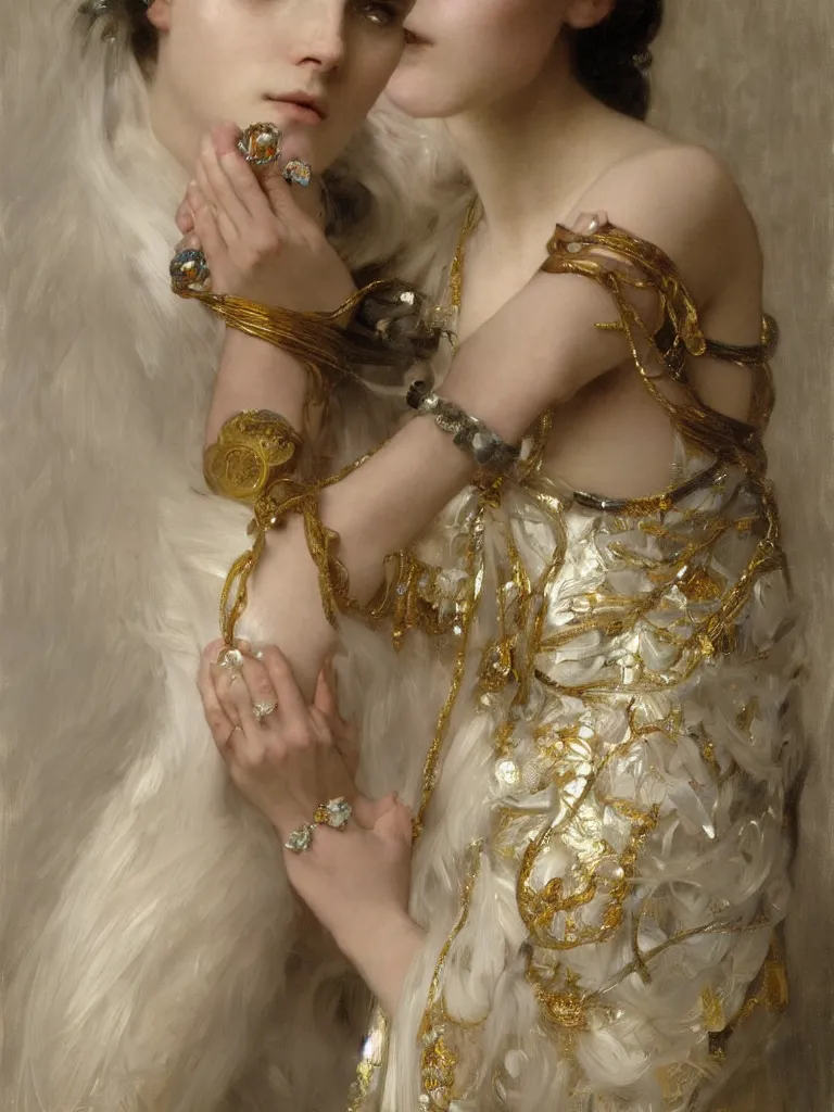 Image similar to a highly detailed beautiful white haired woman, adorned with precious stones and thin gold tendrils, by jeremy mann, by alphonse mucha, by william - adolphe bouguereau, 4 k resolution, trending on artstation, very very detailed, masterpiece, stunning, intricate,