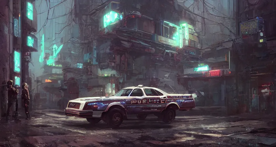 Image similar to a highly detailed epic cinematic concept art CG render digital painting artwork scene: retrofuturistic 1980s cyberpunk soviet police patrol car. By Greg Rutkowski, Ilya Kuvshinov, WLOP, Stanley Artgerm Lau, Ruan Jia and Fenghua Zhong, trending on ArtStation, made in Maya, Blender and Photoshop, octane render, excellent composition, cinematic dystopian brutalist atmosphere, dynamic dramatic cinematic lighting, aesthetic, very inspirational, arthouse