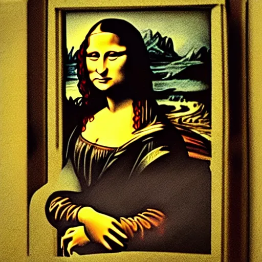 Image similar to grunge drawing of a happy mona lisa in the style of the grudge | horror themed | loony toons style