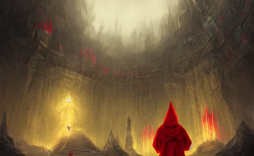 Image similar to red hooded mage, holding a golden bell, standing in front of an enormous arcane gate to another realm, mindblowing, concept art, matte, illustration, ominous, magical, dnd, 4 k uhd, very detailed