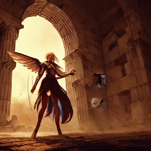 Image similar to An illustrationof a portrait of a Knights of Zodiac girl, wings, fighting at ancinet Agora of Athens, ruins, Golden Light, illustration, art by WLOP, NIXEU and greg rutkowski, volumetric light, lightrays, smoke, cinematic, intricate, hypermaximalist, super detailed