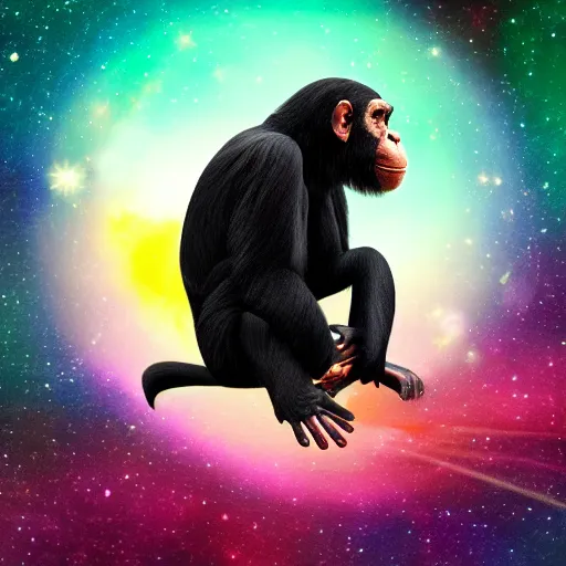 Prompt: a chimpanzee floating through outer space reaching out and touching nebula with it's finger, digital art, 8k